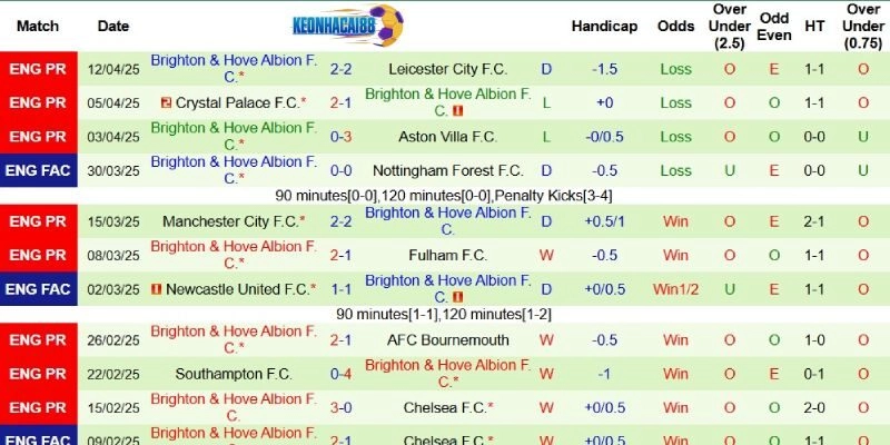 Thành tích mới nhất phía Brighton