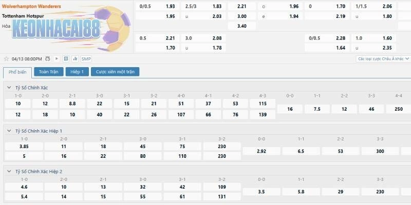 Tỉ lệ kèo trận đấu giữa Wolves và Tottenham