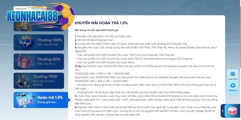 Đăng ký khuyến mãi hoàn trả thể thao chất tại 8live