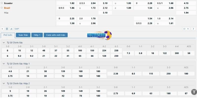 Tỉ lệ kèo trận Ecuador vs Brazil